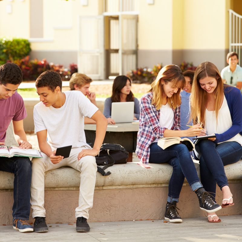 High School Students Hanging Out On Campus High School Students Hanging Out On Campus Relaxing